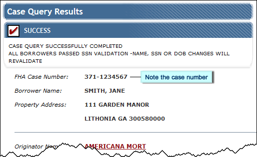 Case Query Results (FHA Case Number displayed)
