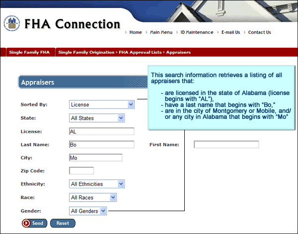 Appraisers page partial search criteria entered