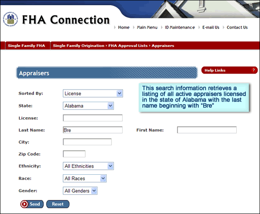 Appraisers page partial search criteria entered