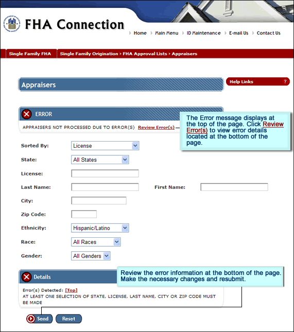 Appraisers page with error message