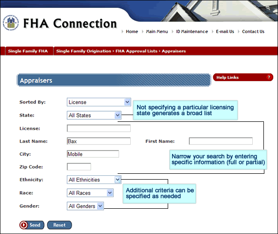 Appraisers page with a partial entry in the Last Name field