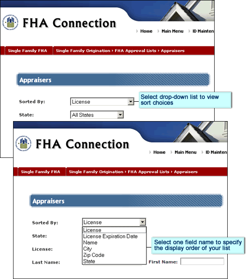 Top portion of Appraisers page with Sort-By drop-down list displayed