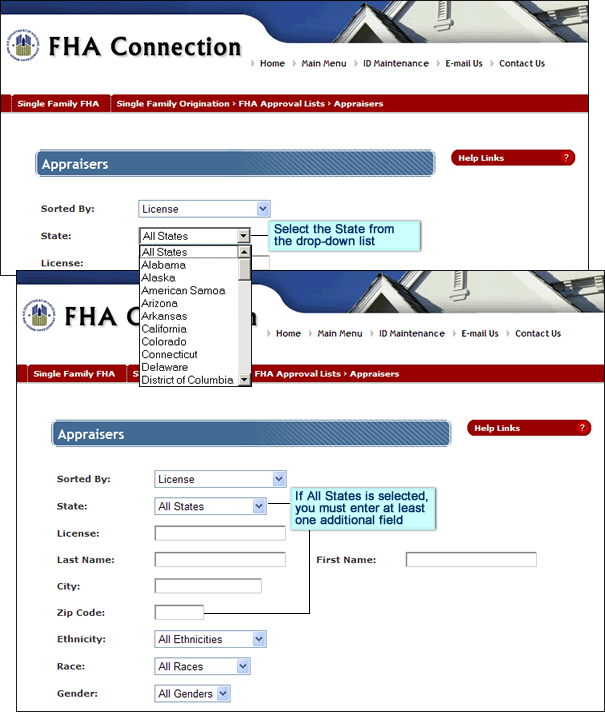 Appraisers page with State drop-down list displayed