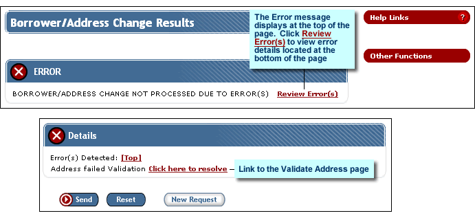 Error messages displayed on top/bottom of Borrower/Address Change page