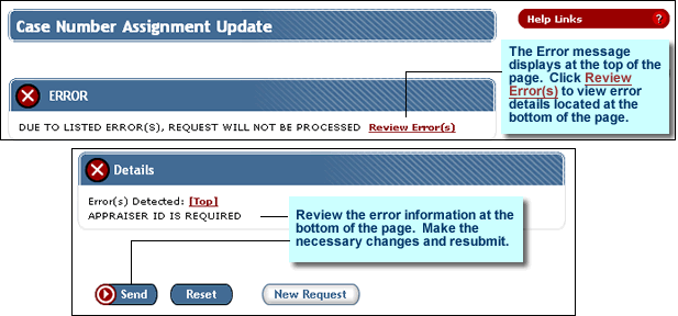 Error and message on Case Number Assignment page