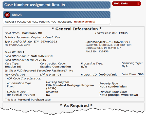 Top portion of the Case Number Assignment Results page