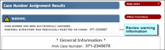 Case Number Assignment Update page with warning message
