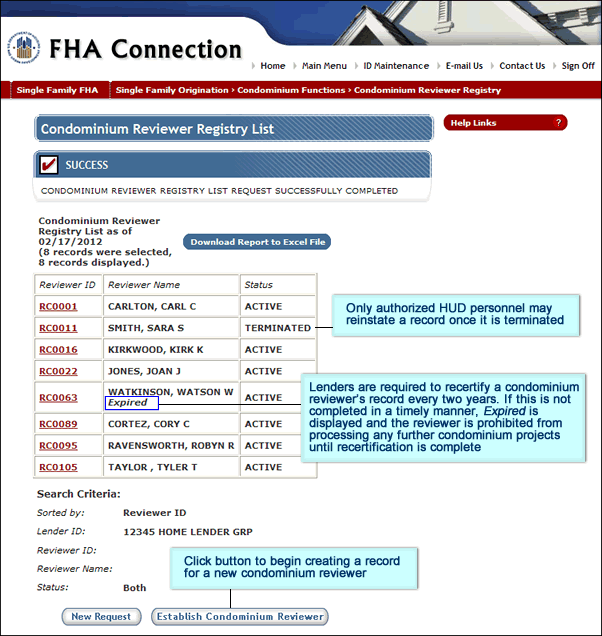 Condominium Reviewer Registry List page