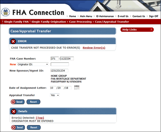 Case Transfer page with error