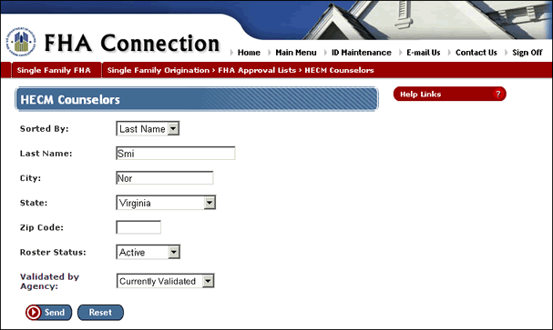 HECM Counselors page partial search criteria entered