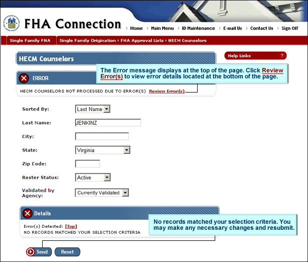 HECM Counselors List page with no records found message