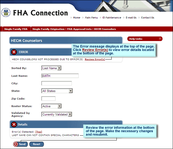 HECM Counselors page with error message