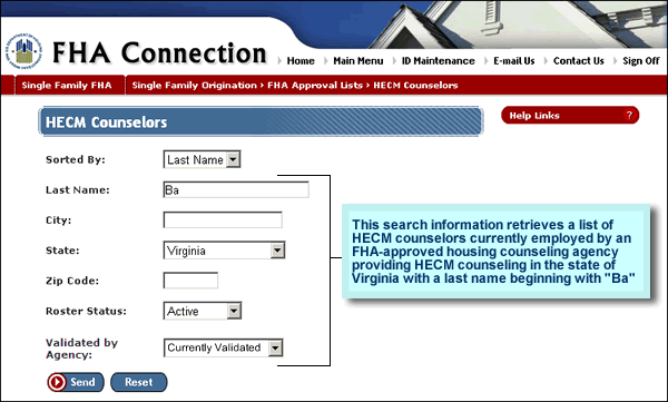 HECM Counselors page partial search criteria entered