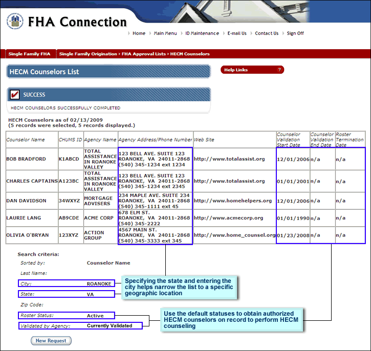 HECM Counselors List page