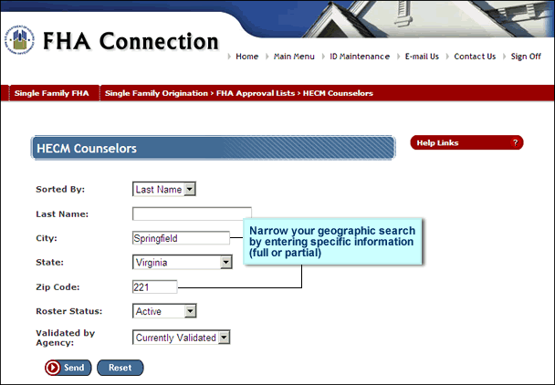 HECM Counselors page with the City, State, and Zip Code fields entered