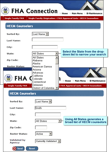 HECM Counselors page with the State drop-down list displayed