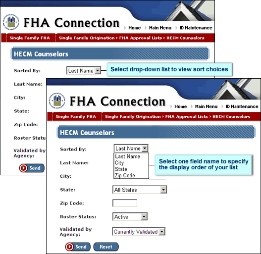 HECM Counselors page with Sorted By drop-down list displayed