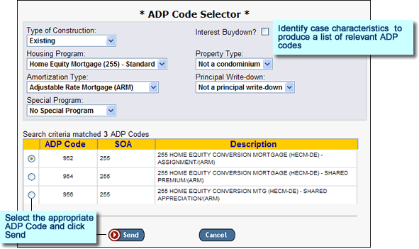 ADP Code Selector page