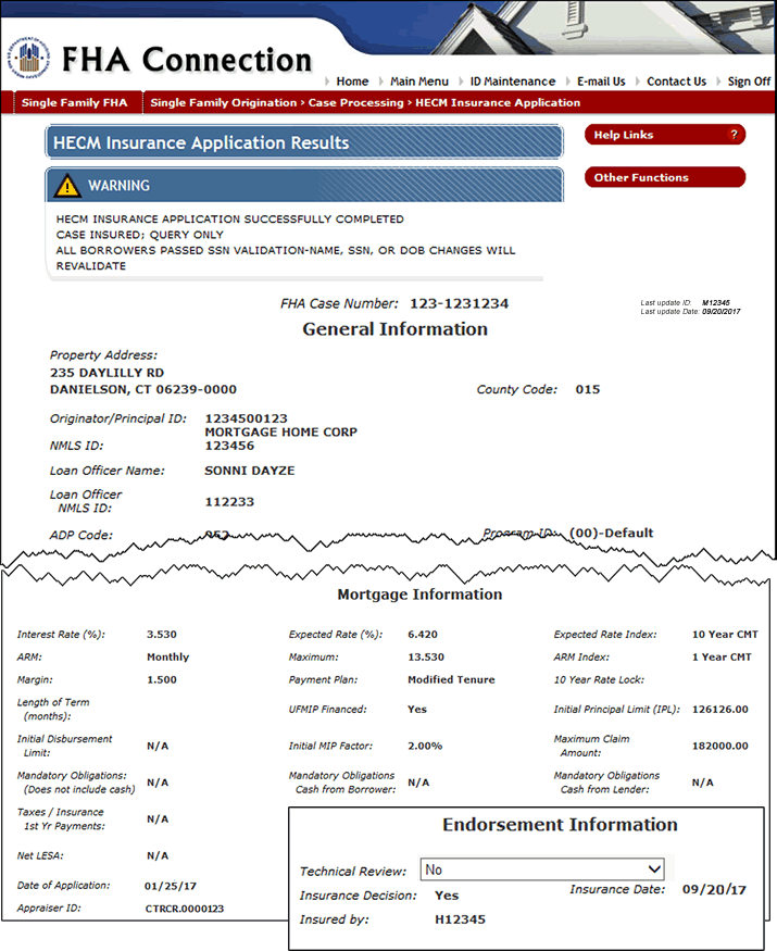 HECM Insurance Application Update screen