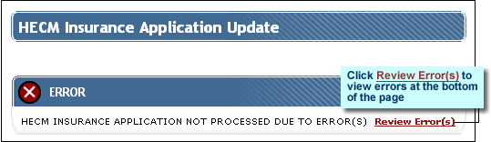 HECM Insurance Application Update page with error message