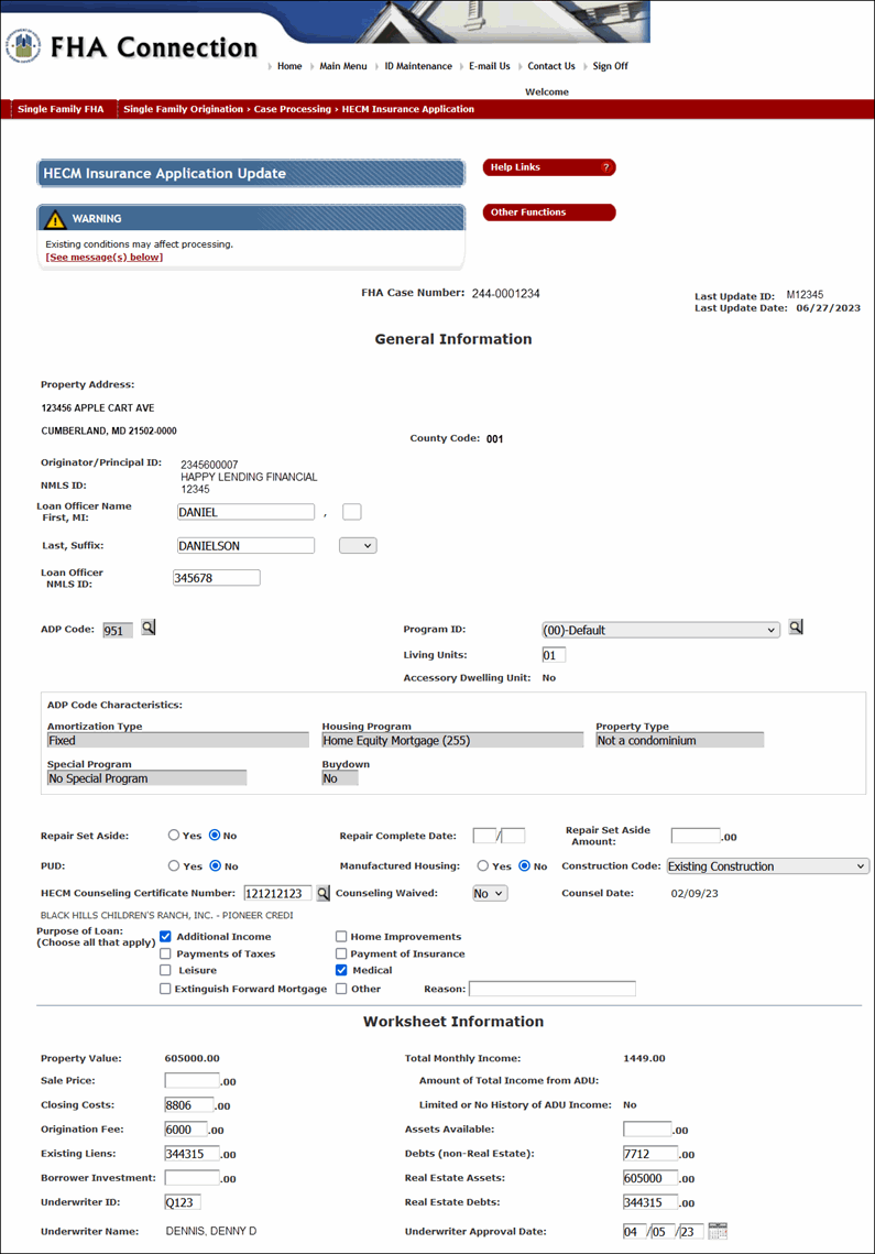 HECM Insurance Application Update page