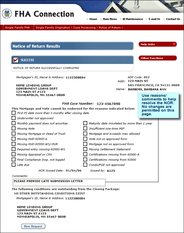 Notice of Return Results page