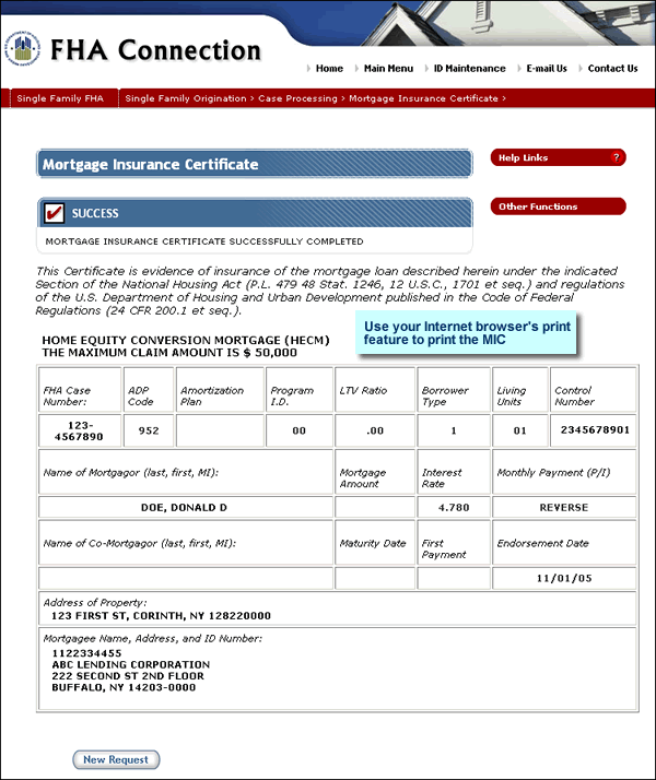Mortgage Insurance Certificate page