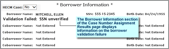 Borrower Information section of the Case Number Assignment Results page