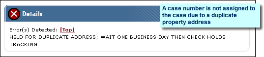 Error Message:  Held for duplicate address; wait one business day then check Holds Tracking