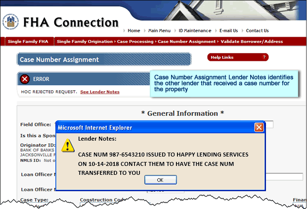 Lender Notes on Case Number Assignment page