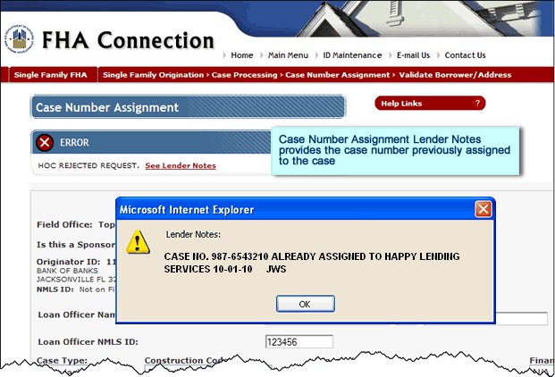 Lender Notes on Case Number Assignment page