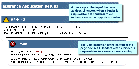 Insurance Application Results page with binder required message