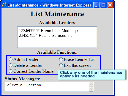 Lender Favorites - List Maintenance popup