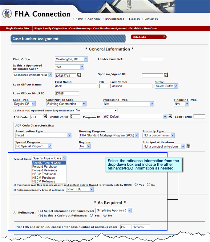 Key Refinance/REO fields on the Case Number Assignment page
