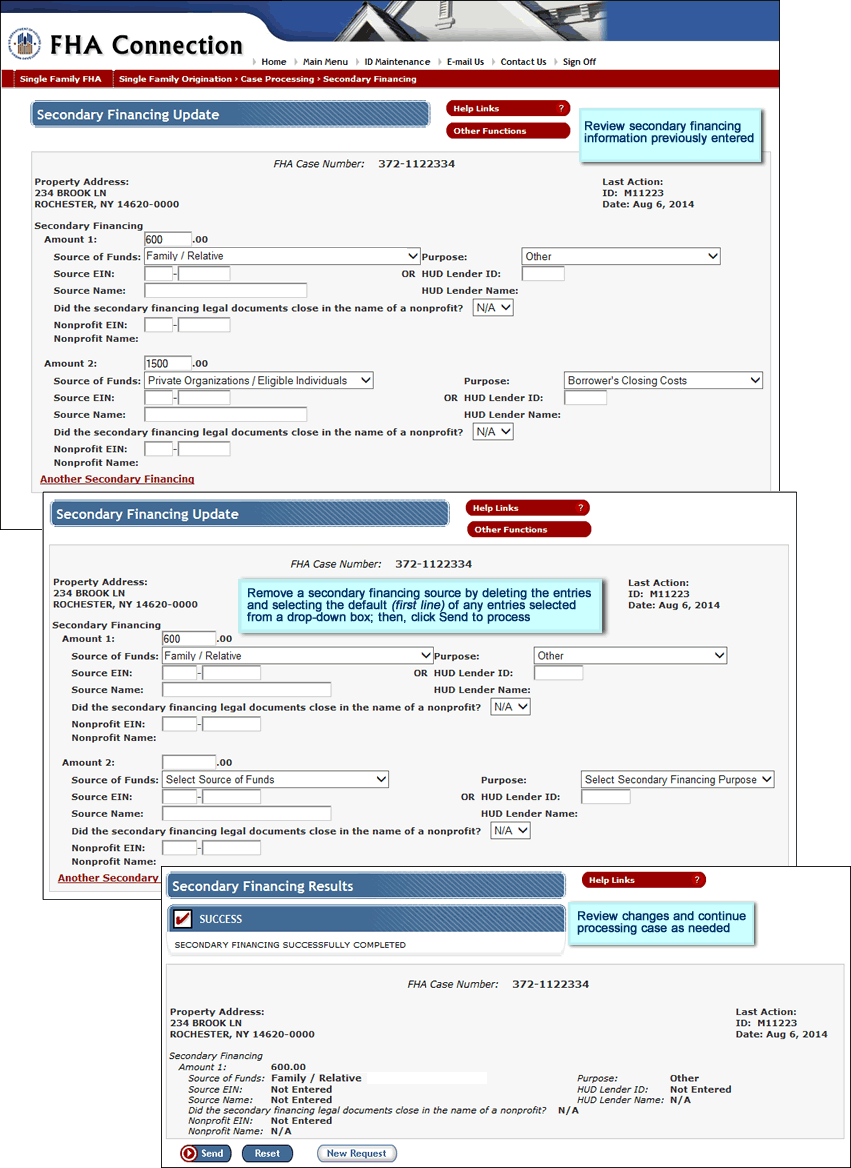 Secondary Financing Update page (2 sources entered), Secondary Financing Update page (1 source entered), and Secondary Financing Results page