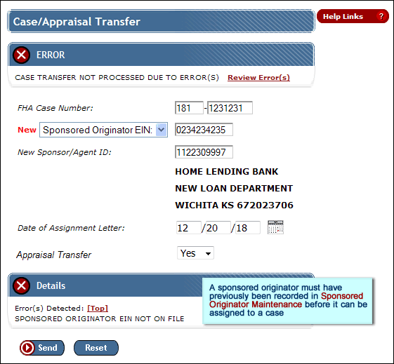Case Transfer page with error