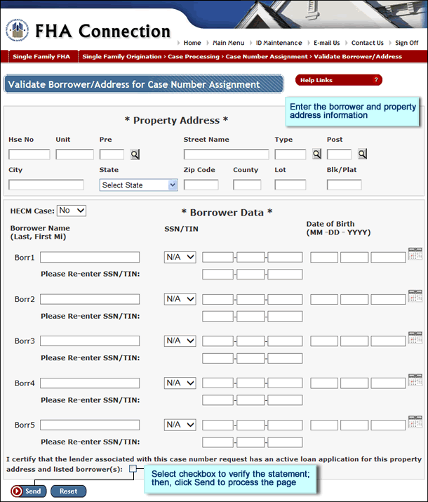 Validate Borrower/Address for Case Number Assignment page