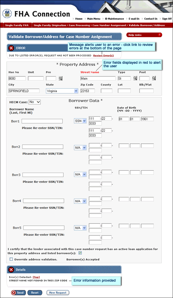 Validate Borrower/Address for Case Number Assignment page with Error